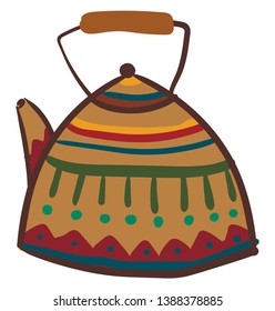 Un hervidor de agua multicolor diseñado con puntos de polka verde tiene una tapa y un asa de madera para llevar fácilmente   dibujo o ilustración de color vectorial