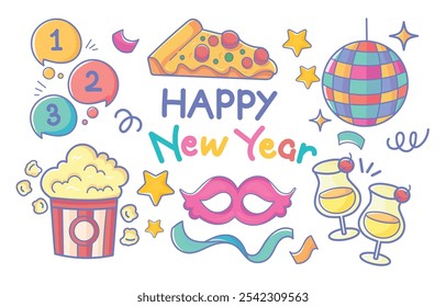 ClipArt New Year Collection Cheerful Color Set, a countdown, pizza slice, popcorn, masquerade mask, disco ball, champagne glasses, and decorative stars. Perfect for holiday-themed and Celebration