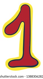 Clipart of the numerical number one or 1 in red color with a yellow outline  vector  color drawing or illustration