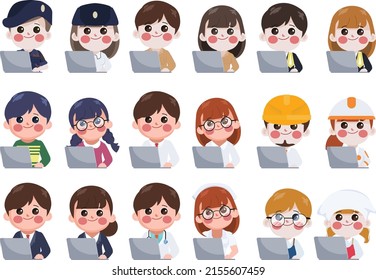 Clipart occupation character working with laptop collection. Vector character people design.