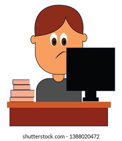 Clipart Of An Officer In A Grey-colored T-shirt With His Eyes Rolled Down Has A Smirk Face While Working On His Laptop  Vector  Color Drawing Or Illustration