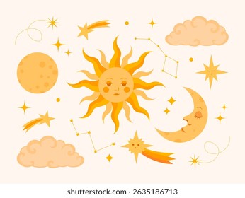 Clipart on the astronomical theme: sun with faces, moon, clouds, stars, constellations and comets.  Ideal for posters and childrens books, clothing, educational