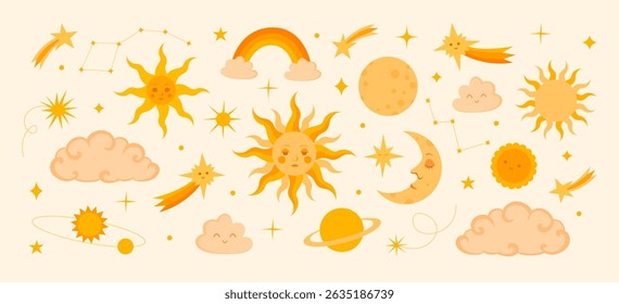 Clipart on the astronomical theme. Sun with faces, moon, planets, clouds, rainbow, stars, constellations and comets.  Ideal for posters and childrens books, clothing, educational, kids textiles