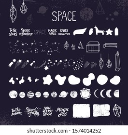 Clipart on the theme of Space and lettering quotes. Constellations, comets, stars, linear geometric shapes, house, pyramid. For invitations, cards, posters, social networks. Vector illustration