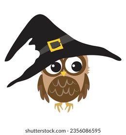 Clipart on white background of an owl with witch hat. Hand drawn vector illustration. Concept for fashion, textile print, books, birthday invitations, greeting cards, posters. Vector illustration.