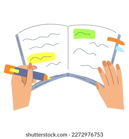 Clipart of an open book with bookmarks and colored stickers. The student makes notes in the workbook. Learning concept.