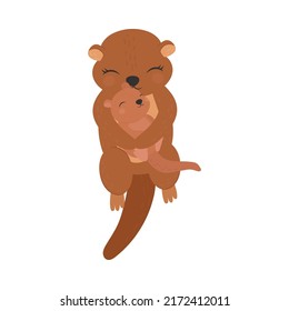 Clipart Otter in Cartoon Style. Cute Clip Art Otter Hugging a Baby. Vector Illustration of an Animal for Stickers, Baby Shower Invitation, Prints for Clothes, Textile. 