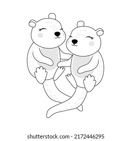 Clipart Otters Coloring Page in Cartoon Style. Cute Clip Art Two Otters Black and White. Vector Illustration of an Animal for Stickers, Baby Shower Invitation, Prints for Clothes. 