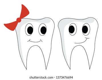 Clipart de un par de dientes se paran unos a otros un macho con una cara sonriente mientras que la hembra con un arco rojo en la cabeza da una sonrisa agradable dibujo de color vectorial o ilustración 
