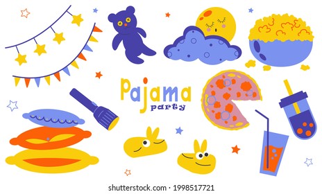 Clipart para una invitación a una fiesta de pijama. Conjunto de ilustraciones. Recolección de ocio y relajación aislada en un fondo blanco