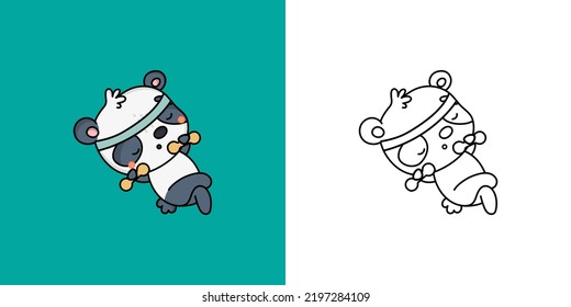 Clipart Panda Athlete Multicolored and Black and White. Cute Panda Bear Sportsman. Vector Illustration of a Kawaii Animal for Stickers, Baby Shower, Coloring Pages, Prints for Clothes.
 svg