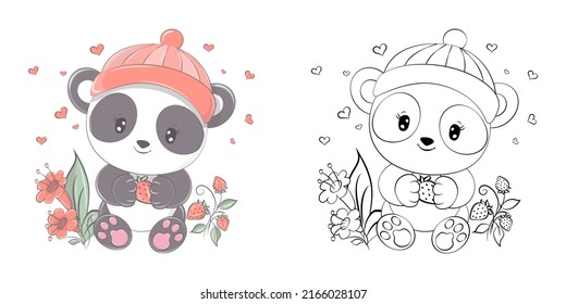 Clipart Panda Multicolored and Black and White. Cute Clip Art Panda with Strawberry. Vector Illustration of an Animal for Stickers, Baby Shower, Coloring Pages, Prints for Clothes