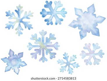 Clipart und Muster aus Schneeflocke, handgezeichnet mit Aquarell, einzeln auf transparentem Hintergrund