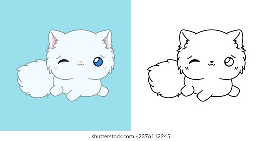 Clipart Persian Cat Multicolored and Black and White. Cute Clip Art Kitten. Cute Vector Illustration of a Kawaii Pet for Stickers, Prints for Clothes, Baby Shower. 