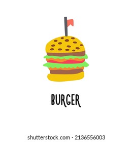 A clipart with a picture of a burger with salad, cheese, tomato and cutlet