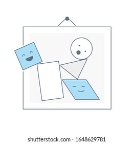 Clipart in the picture frame. Concept of art, creative, to compose or create something unique from ready-made geometric elements or templates. Flat light line vector icon illustration on white.