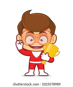 Clipart picture of a superhero cartoon character holding gold trophy