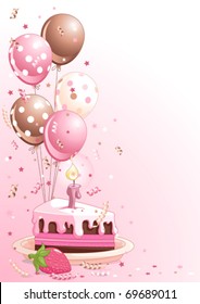 Clipart Pink Lustration Of A Slice Of  Birthday Cake With Balloons And Confetti