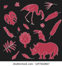 Clipart with pink tropical animals and plants: flamingo, rhino, toucan, monstera, fern, orchid, artichoke, banana leaves, succulent. All objects are separated and movable