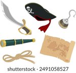 Clipart of pirate hat, sword, hook and map