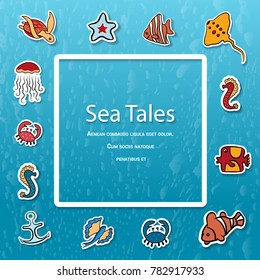 Clipart. Place for text, Shells, fish, deep-sea animals of the sea and ocean Beautiful marine aquarium. Isolated on white background. Vector illustration