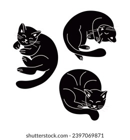 Clipart of playful lying hand drawn black cats. Vector pets in flat cartoon minimalistic style. Trendy black and white illustration for sticker, decoration. Good for kids textile, decoration