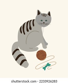 Clipart, postcard with the image of cats, ball of yarn, white background, multi-colored. Hand drawn, Vector