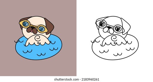 Clipart Pug Athlete Multicolored and Black and White.  Cute Clip Art Pug Dog Athlete. Vector Illustration of a Kawaii Sportsman Dog for Stickers, Coloring Pages, Prints for Clothes.

