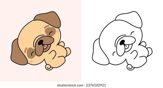 Clipart Pug Dog Multicolored and Black and White. Cute Clip Art Puppy. Cute Vector Illustration of a Kawaii Animal for Stickers, Baby Shower, Coloring Pages. 