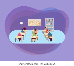 Clipart de alumnos en clase de geografía. Niños y niñas de dibujos animados que estudian para el examen, Ilustración vectorial plana interior del aula. Escuela, concepto de la educación para el Anuncio, diseño del Sitio web o página del Web de aterrizaje