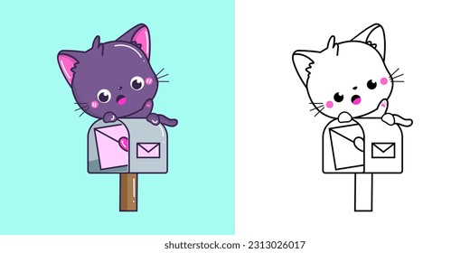 Clipart Purple Cat and Black and White Illustration. Cute Clip Art Cat. Vector Illustration of a Kawaii Animal for Stickers, Baby Shower, Coloring Pages, Prints for Clothes.
