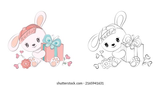 Clipart Rabbit Multicolored and Black and White. Cute Clip Art Rabbit with a Gift. Vector Illustration of an Animal for Stickers, Baby Shower, Coloring Pages, Prints for Clothes