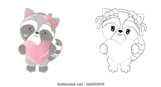 Clipart Raccoon Multicolored and Black and White. Cute Clip Art Raccoon with a Heart in its Paws. Vector Illustration of an Animal for Stickers, Baby Shower, Coloring Pages, Prints for Clothes. 