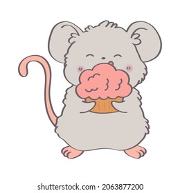 Clipart rat, vector animal. Cute mouse eating delicious cupcake. Drawn vector illustration of a cute funny mouse. Vector illustration for nursery room decor, greeting cards and party invitations.