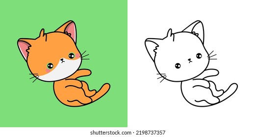 Clipart Red Cat Multicolored and Black and White. Cute Clip Art Kitten. Vector Illustration of a Kawaii Animal for Stickers, Baby Shower, Coloring Pages, Prints for Clothes.
