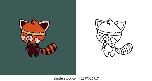 Clipart Red Panda Athlete Multicolored and Black and White. Cute Animal Sportsman. Vector Illustration of a Kawaii Animal for Stickers, Baby Shower, Coloring Pages, Prints for Clothes.
 svg