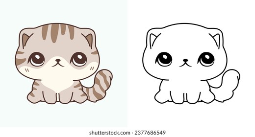 Clipart Scottish Fold Kitty Multicolored and Black and White. Cute Clip Art Baby Cat. Cute Vector Illustration of a Kawaii Baby Pet for Stickers, Baby Shower, Coloring Pages. 