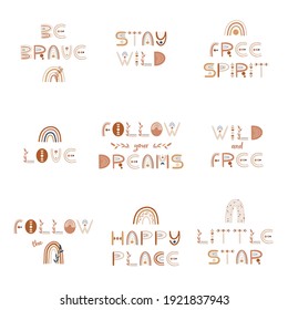 Clipart set with Boho Lettering phrases for nursery decor. Vector illustration.