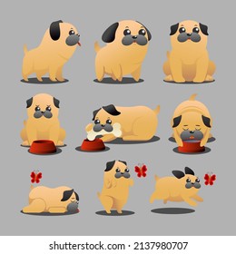 Clipart set of cute and adorable cartoon pug dog vector illustrations, suitable for children's story books, greeting cards, stickers, posters, backgrounds, brochures