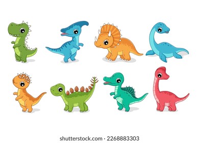 Clipart set of cute baby dinosaurs. Triceraptor, t-rex, tyrannosaurus, triceraptor, stegosaurus, pachycephalosaurus, parasaurolophus, spinosaurus. Vector illustration in cartoon style.