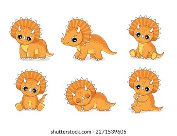 Clipart set of cute baby dinosaurs. Triceraptor in various poses. Vector illustration in cartoon style.