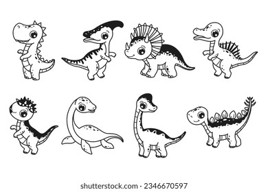 Clipart set of cute baby dinosaurs. Triceraptor, t-rex, tyrannosaurus, triceraptor, stegosaurus, pachycephalosaurus, parasaurolophus, spinosaurus. Vector illustration in cartoon style.
