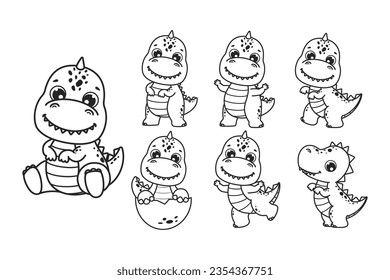 Clipart set of cute baby dinosaurs. T-rex in various poses. Vector illustration in cartoon style.