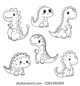 Clipart set of cute black and white dinosaurs. Vector illustration in cartoon style for coloring.