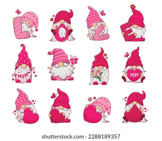 Clipart set of cute cartoon gnomes with hearts, gifts, flowers for Valentine's Day and Mother's Day