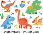 Clipart set of cute colored dinosaurs. T-rex, diplodocus, triceratops, pterodactel. Vector illustration in cartoon style.