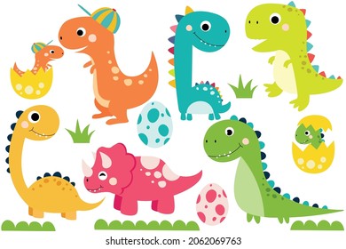 Clipart set of cute colored dinosaurs. Vector illustration in cartoon style.