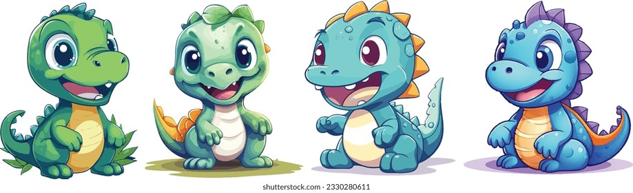 Clipart set of cute colored dinosaurs. . Vector illustration in cartoon style.