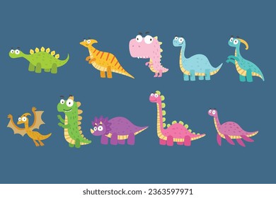 Clipart set of cute colored dinosaurs. T-rex, diplodocus, triceratops, pterodactel. Vector illustration in cartoon style.
