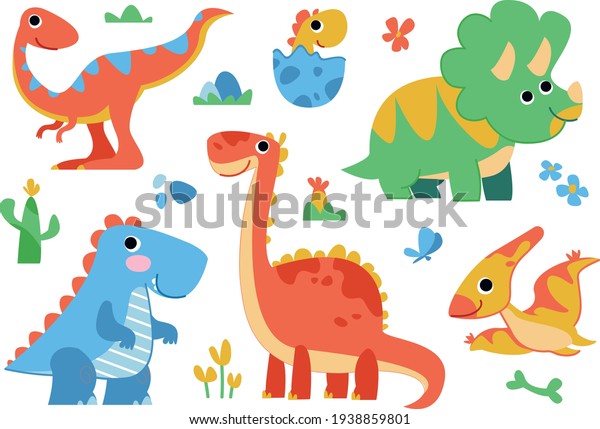 Clipart set of cute colored dinosaurs. T-rex,\
diplodocus, triceratops, pterodactel. Vector illustration in\
cartoon style.